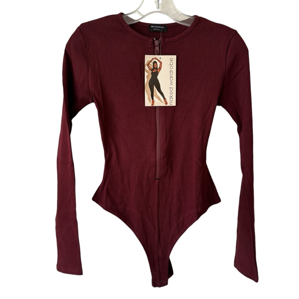 NWT naked wardrobe Maroon burgundy zipper long sleeve ribbed bodysuit